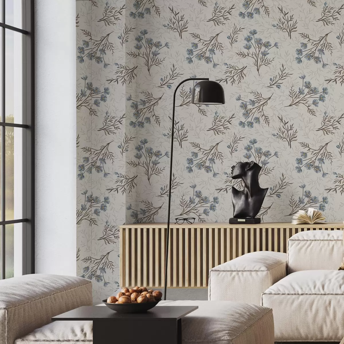 Papel pintado Flores azules y ramas claras sobre fondo blanco a00265v1