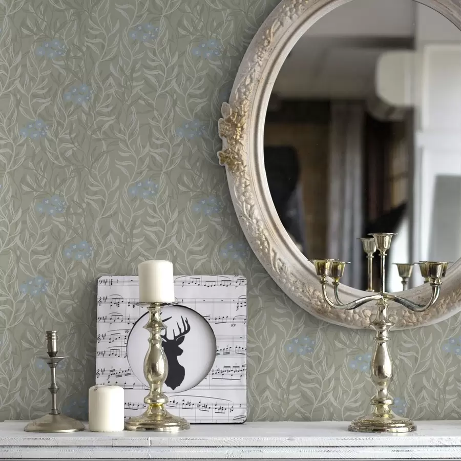 murales de pared Fondo verde con ramas blancas y flores azules a00268v1