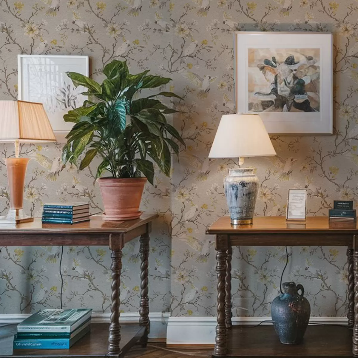 Papel pintado Loros y flores amarillas sobre fondo claro a00270