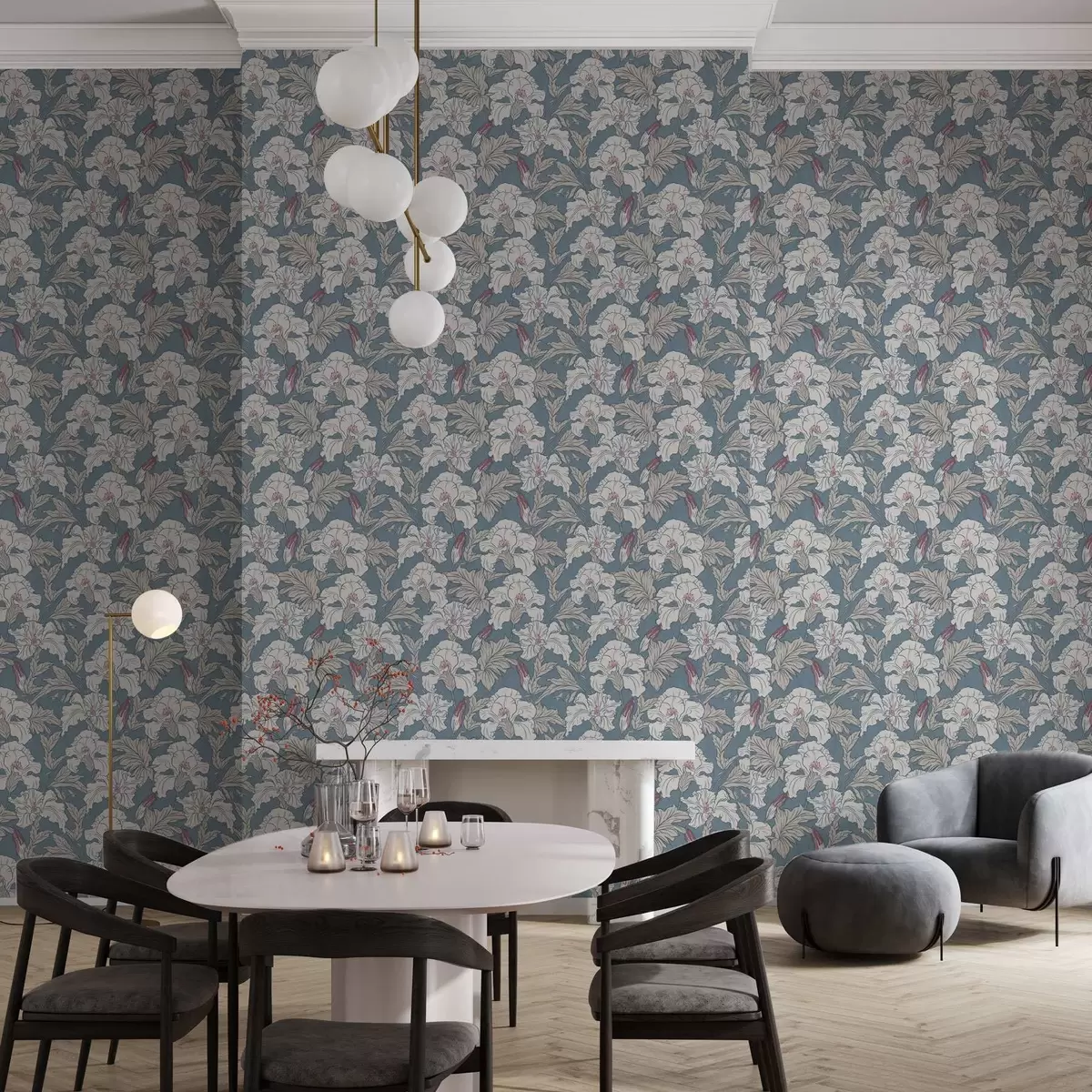 Papel pintado Hibisco blanco sobre fondo azul con dibujo de contorno a00272v1