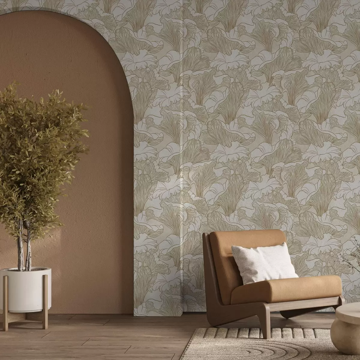 Papel pintado Champiñones rebozuelos, dibujo lineal sobre fondo crema a00275