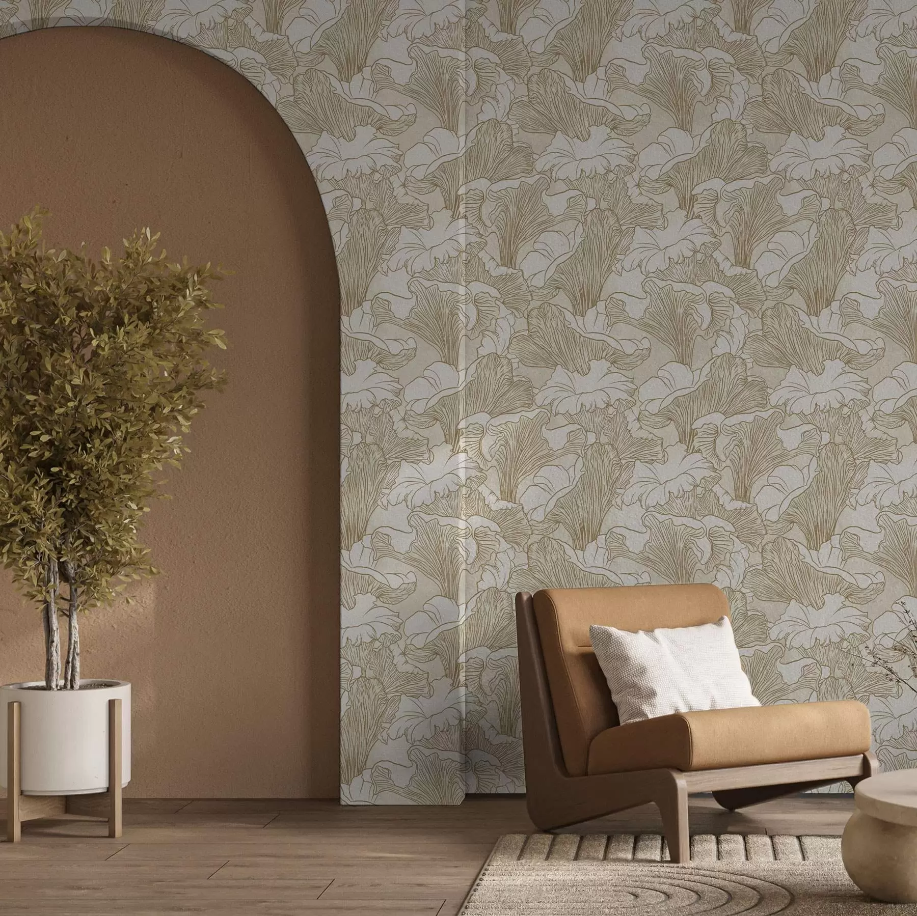 murales de pared Champiñones rebozuelos, dibujo lineal sobre fondo crema a00275