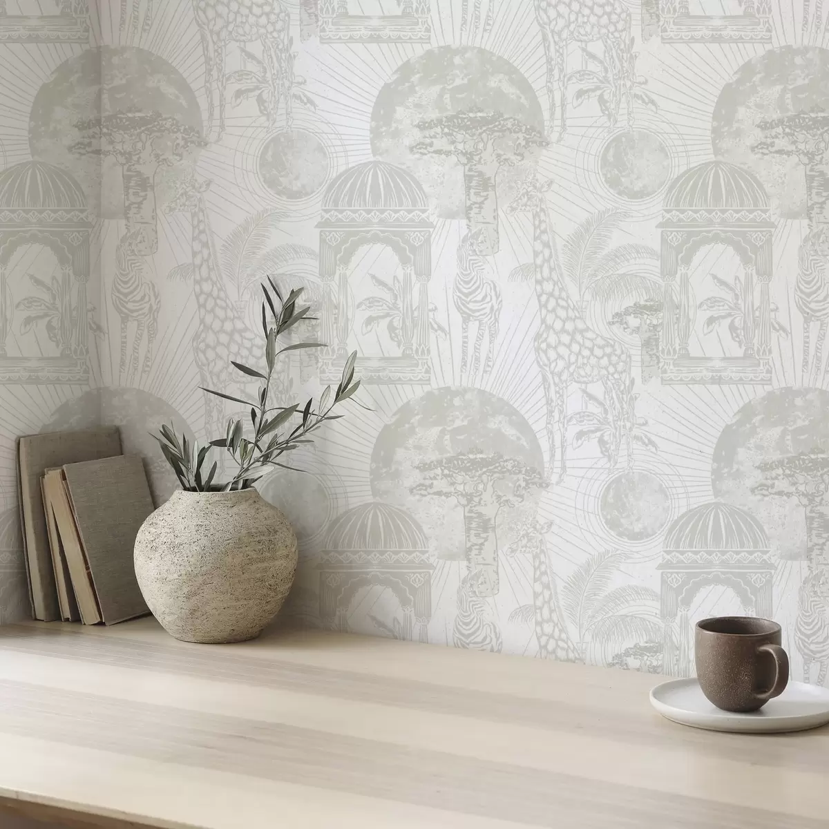 Papel pintado Ilustración gráfica con jirafa, cebra y palmeras a00276v1