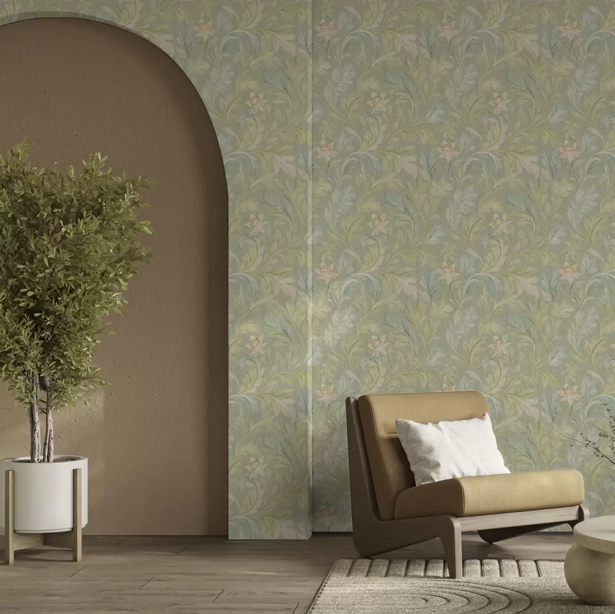 Papel pintado Hojas vintage sobre fondo verde, colores pastel a00277