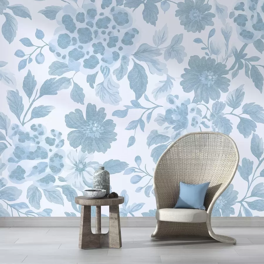 murales de pared Flores estilo boho con estampado de leopardo, color azul w04114v1