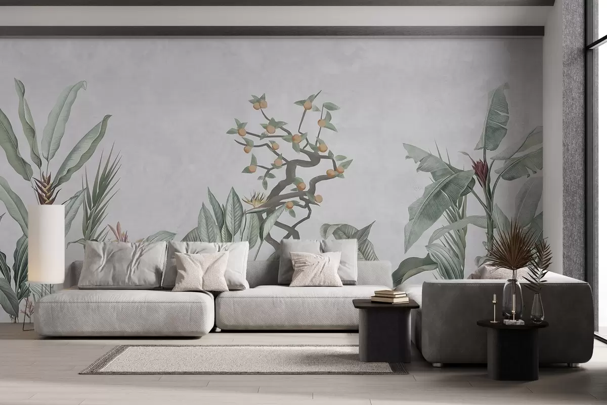 murales de pared Plantas tropicales con naranjo sobre fondo claro w04201
