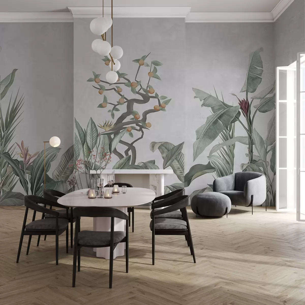 murales de pared Plantas tropicales con naranjo sobre fondo claro w04201