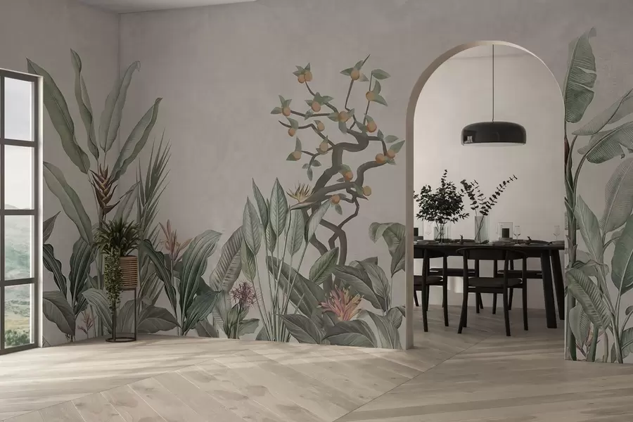 murales de pared Composición tropical con plantas y árbol sobre fondo grisáceo w04201v1