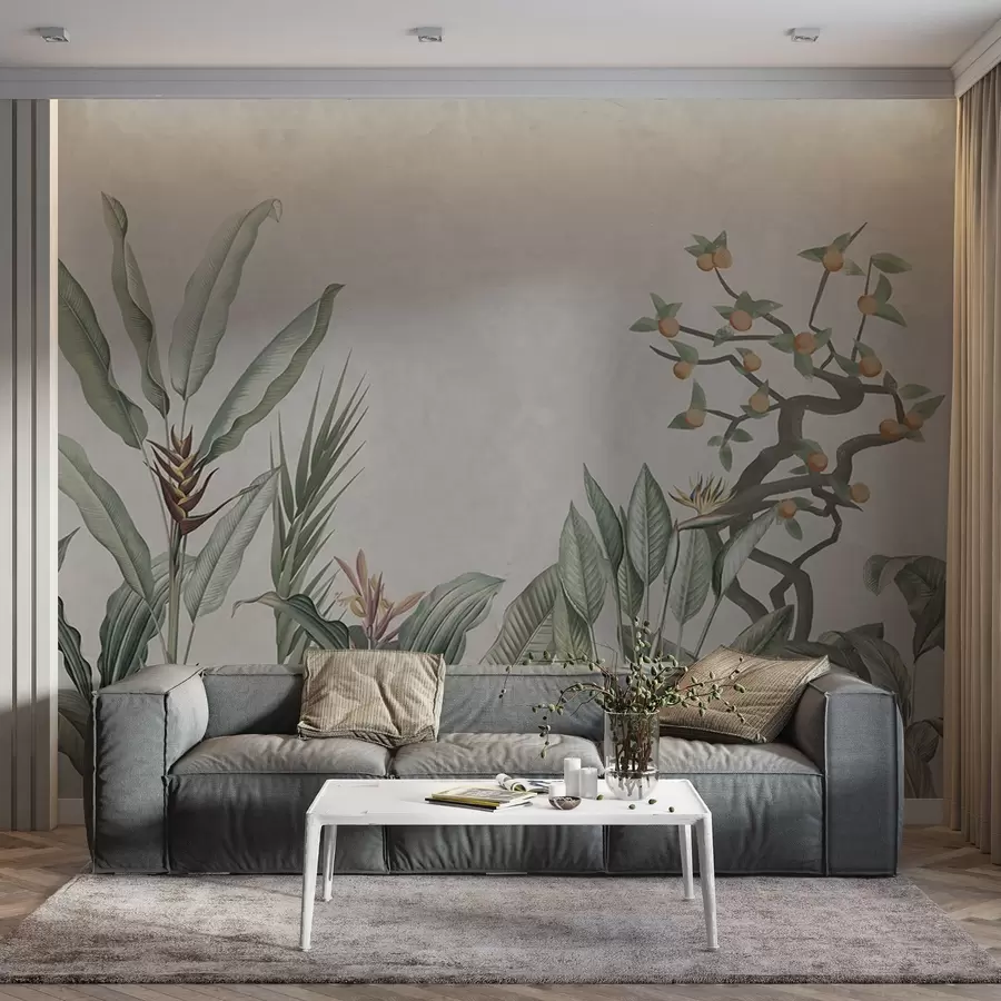 murales de pared Composición tropical con plantas y árbol sobre fondo grisáceo w04201v1
