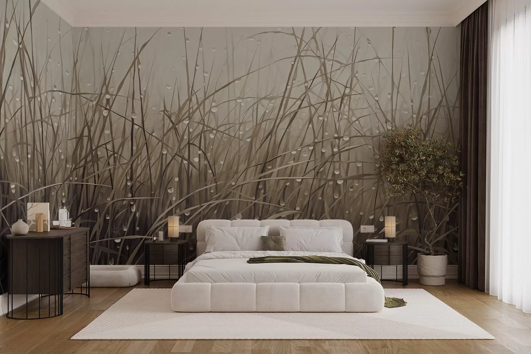 murales de pared Hierba con gotas de agua, tonos marrones apagados, luz suave, fondo brumoso, estilo abstracto minimalista con textura w09217v1