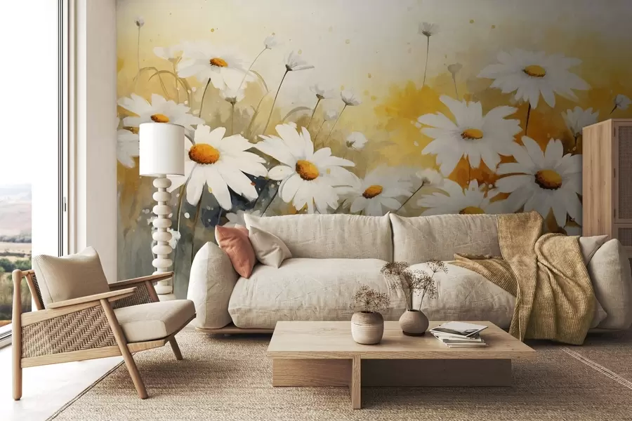 murales de pared Un campo de margaritas blancas con centros amarillos, sobre un suave fondo amarillo y beige, estilo acuarela w09218