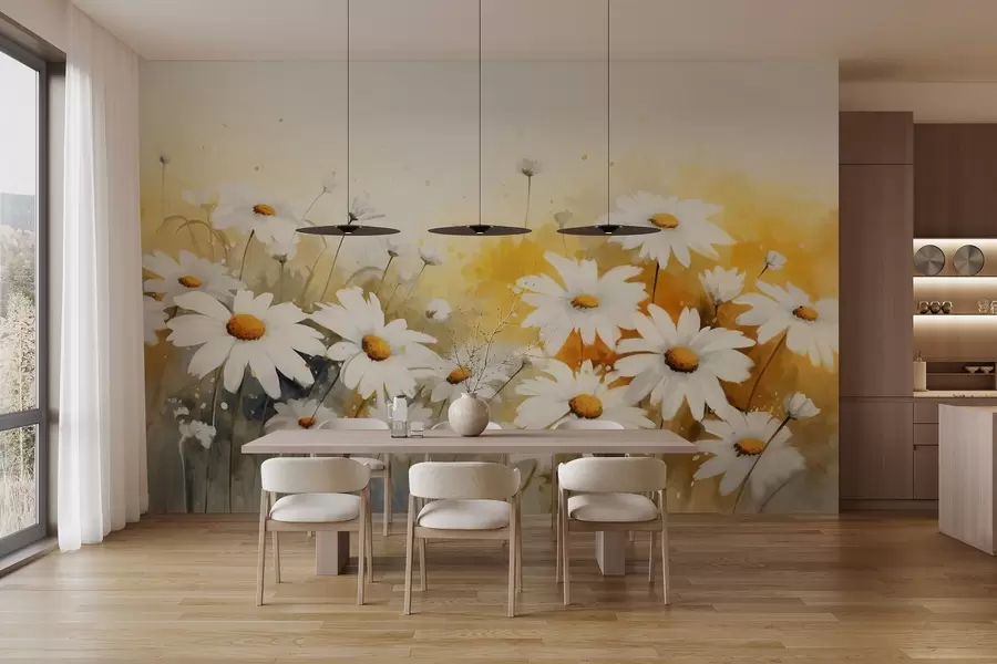 murales de pared Un campo de margaritas blancas con centros amarillos, sobre un suave fondo amarillo y beige, estilo acuarela w09218