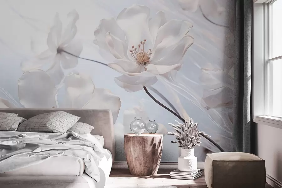 murales de pared Flores blancas transparentes texturizadas con delicados pétalos, fondo azul claro suave, elegante, romántico, de ensueño w09233