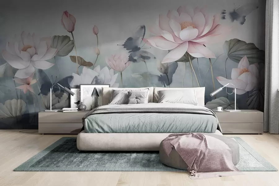 murales de pared Flores de loto texturizadas con pétalos rosa pastel, hojas verdes, reflejo de agua, colores pastel suaves , efecto acuarela w09254