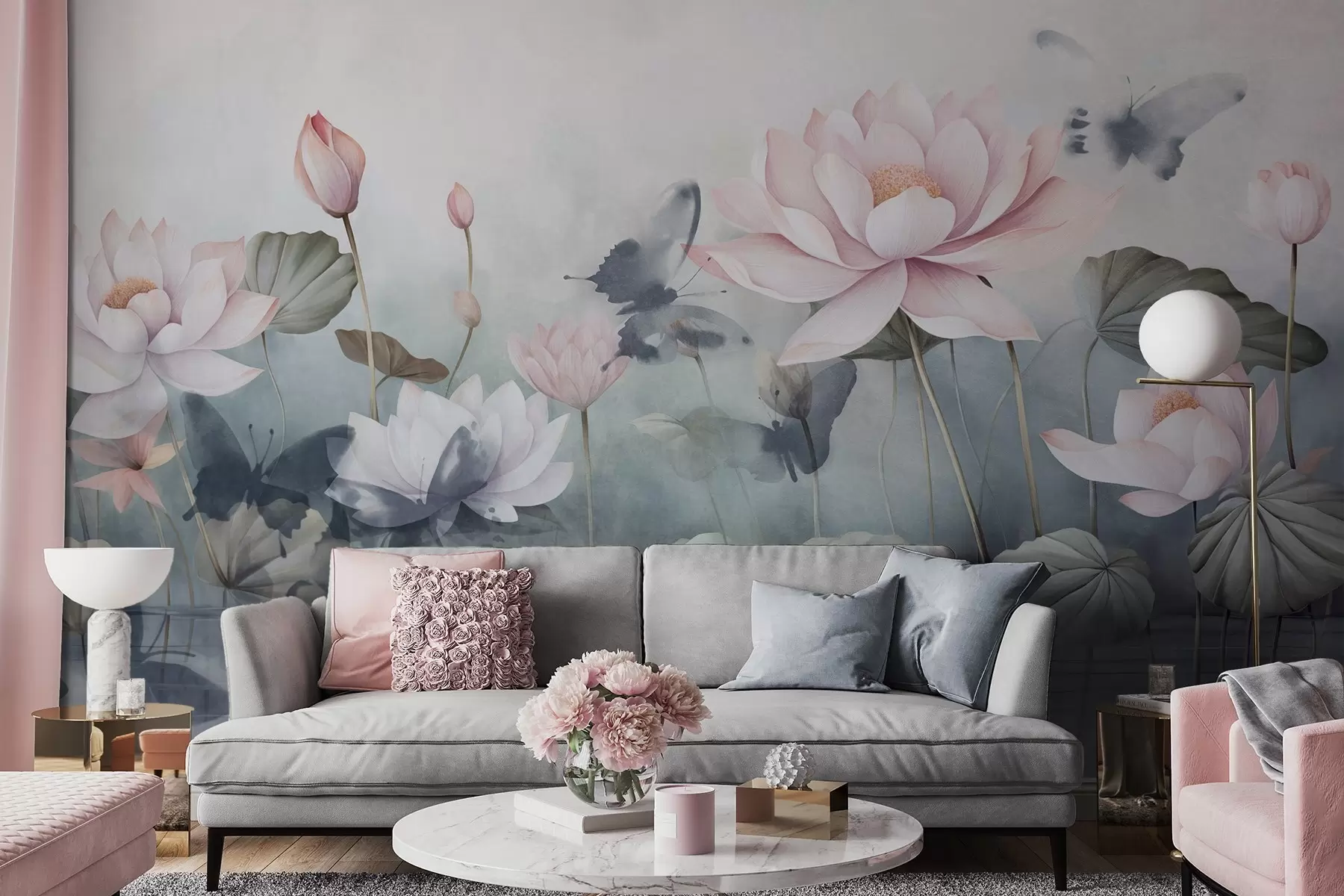 murales de pared Flores de loto texturizadas con pétalos rosa pastel, hojas verdes, reflejo de agua, colores pastel suaves , efecto acuarela w09254