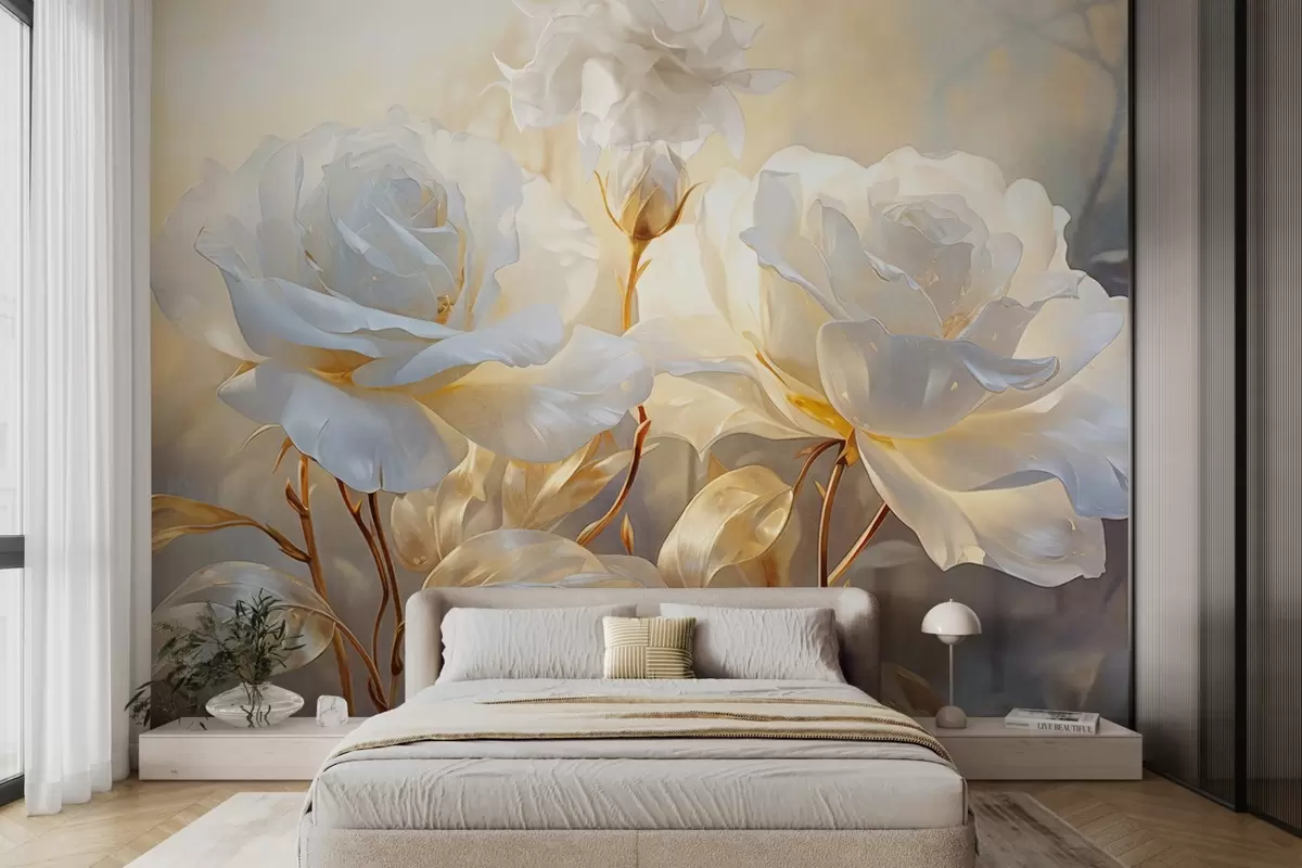 murales de pared Rosas blancas texturizadas con tallos y hojas amarillas, iluminación suave, fondo claro con formas florales difuminadas w09258