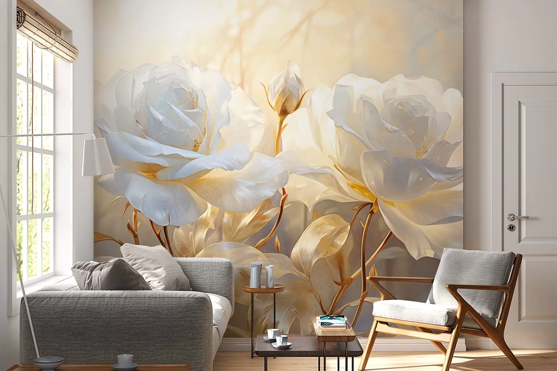 murales de pared Rosas blancas texturizadas con tallos y hojas amarillas, iluminación suave, fondo claro con formas florales difuminadas w09258