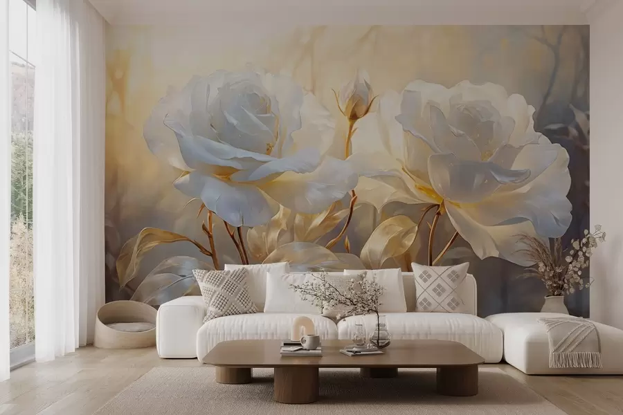 murales de pared Rosas blancas texturizadas con tallos y hojas amarillas, iluminación suave, fondo claro con formas florales difuminadas w09258