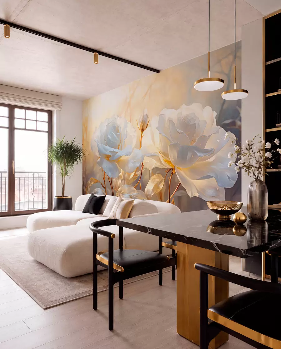 murales de pared Rosas blancas texturizadas con tallos y hojas amarillas, iluminación suave, fondo claro con formas florales difuminadas w09258