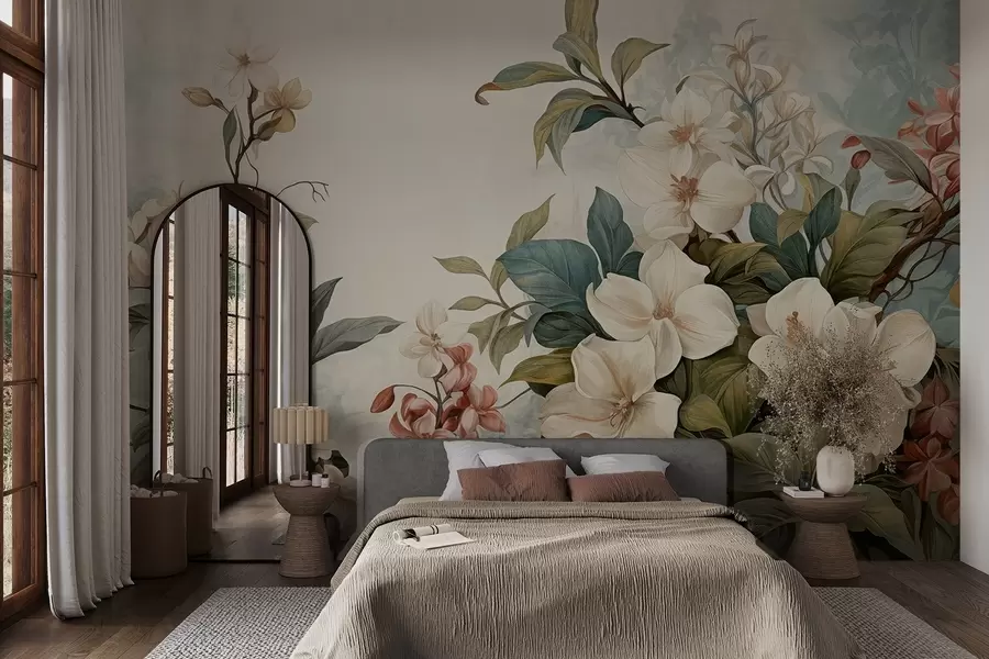 murales de pared Flores y hojas tropicales texturizadas con suaves tonos azules y verdes, delicadas pinceladas, estilo botánico vintage w09259