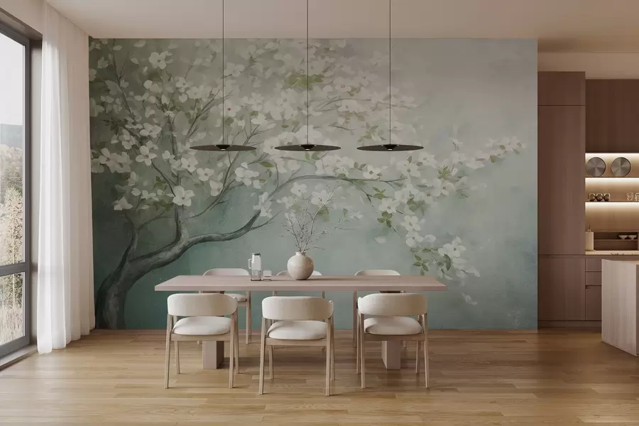 murales de pared Un árbol en flor con flores blancas en plena floración, sobre un fondo granulado de textura ruidosa de azules y verdes apagados w09261