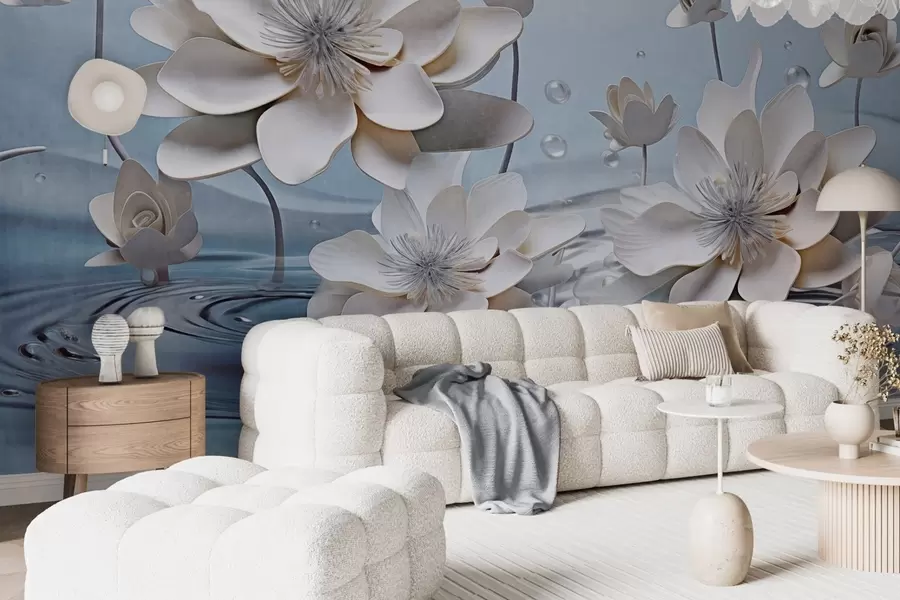 murales de pared Flores blancas texturizadas con gotas de agua, reflejos en la superficie del agua, fondo azul claro, diseño elegante w09262