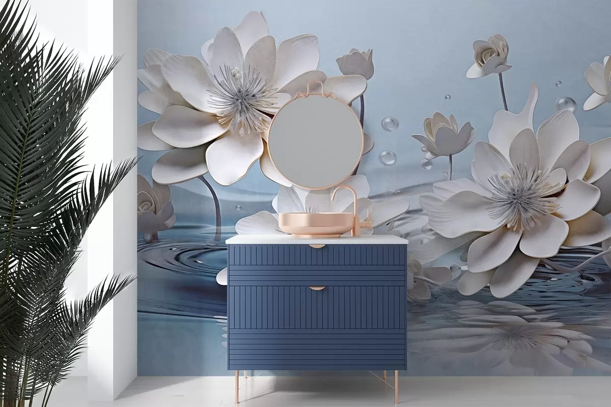 murales de pared Flores blancas texturizadas con gotas de agua, reflejos en la superficie del agua, fondo azul claro, diseño elegante w09262