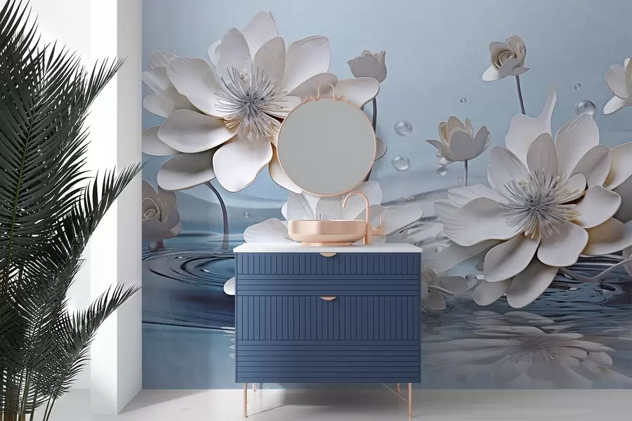 murales de pared Flores blancas texturizadas con gotas de agua, reflejos en la superficie del agua, fondo azul claro, diseño elegante w09262