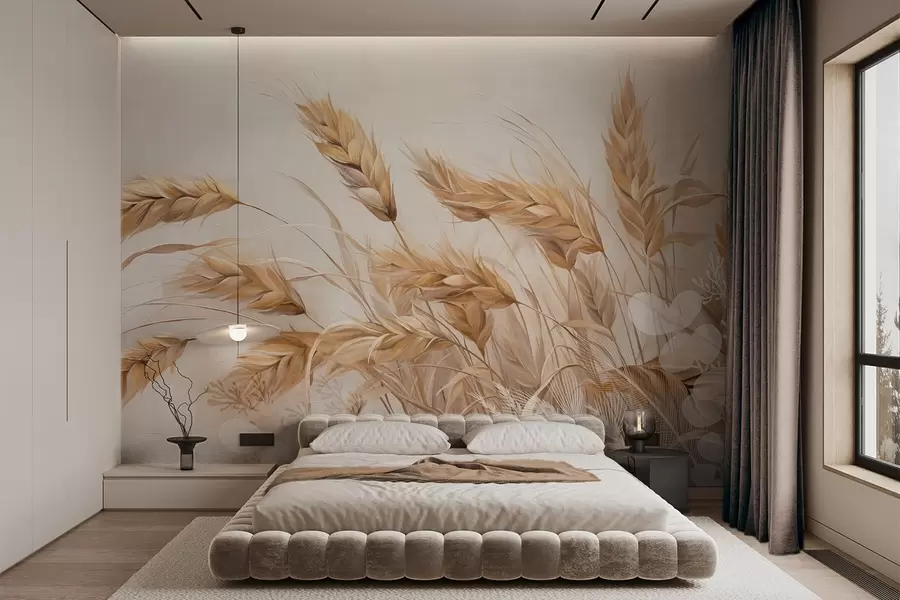 murales de pared Campo con textura de trigo y espigas beige mecidas por el viento, colores suaves y apagados que crean una sensación de calidez w09264