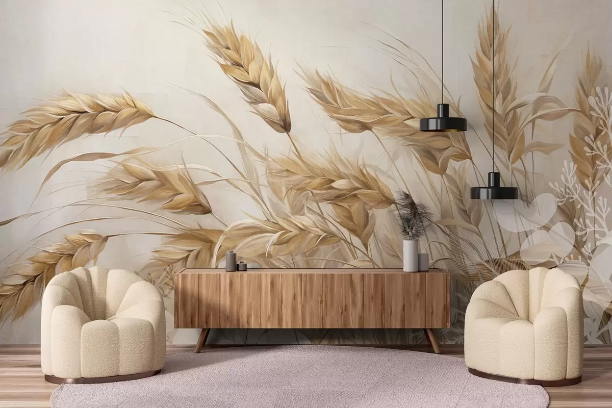 murales de pared Campo con textura de trigo y espigas beige mecidas por el viento, colores suaves y apagados que crean una sensación de calidez w09264
