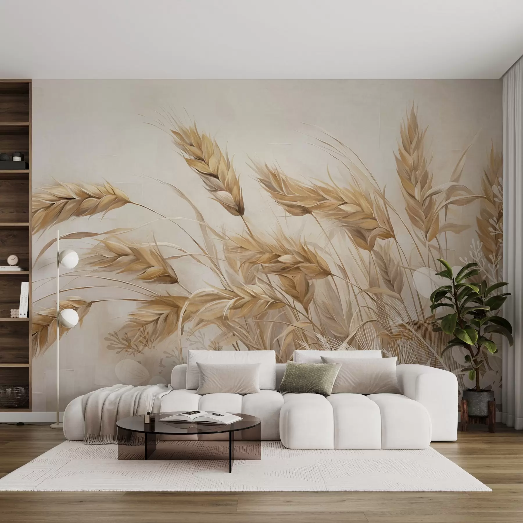 murales de pared Campo con textura de trigo y espigas beige mecidas por el viento, colores suaves y apagados que crean una sensación de calidez w09264