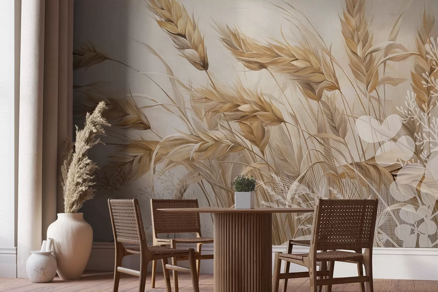 murales de pared Campo con textura de trigo y espigas beige mecidas por el viento, colores suaves y apagados que crean una sensación de calidez w09264