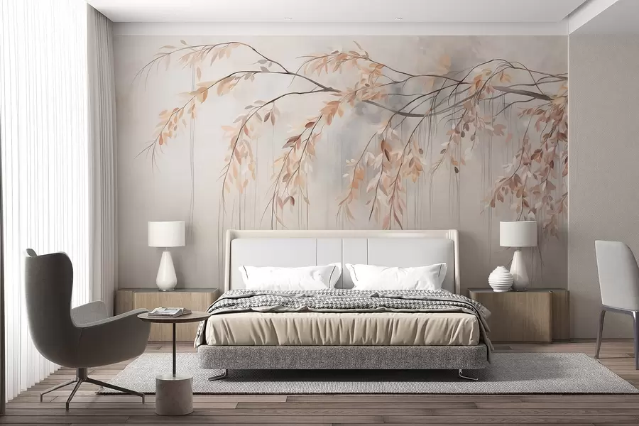 murales de pared Una rama con hojas de color naranja claro colgando, fondo gris claro con textura borrosa, estilo suave y delicado w09265