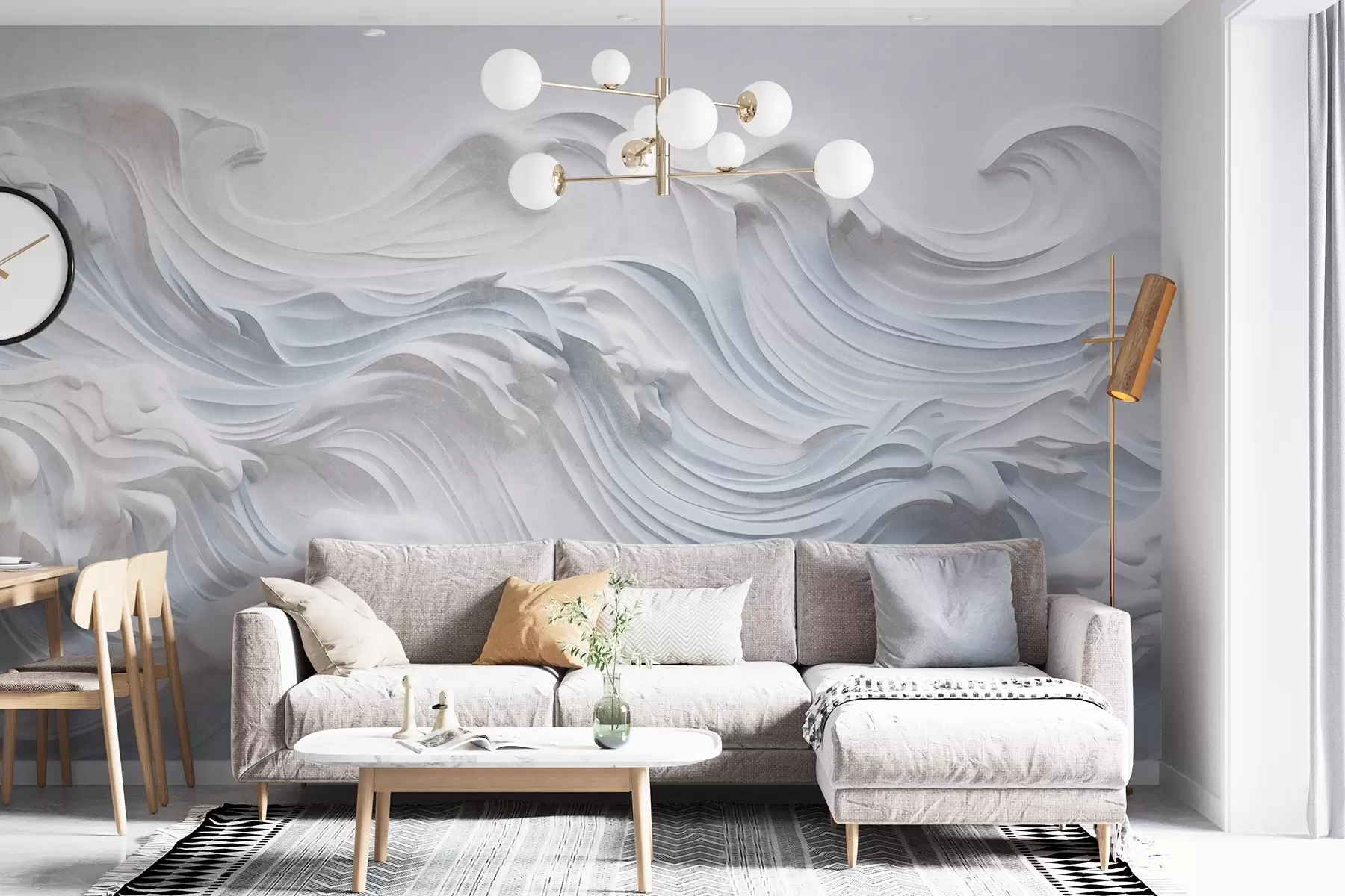 murales de pared Olas oceánicas abstractas de color blanco y azul claro con textura y espuma, que fluyen de izquierda a derecha, impresión dinámica y con textura w09266