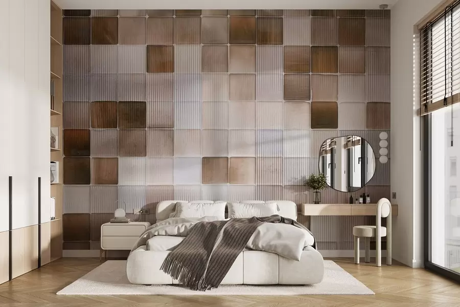 murales de pared Azulejos cuadrados de mosaico de piedra en tonos marrón, beige y blanco con una textura abstracta estriada y ruidosa w09269