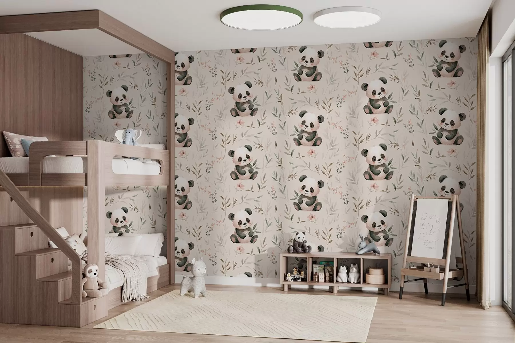 murales de pared simpáticos bebés pandas entre las plantas w04170