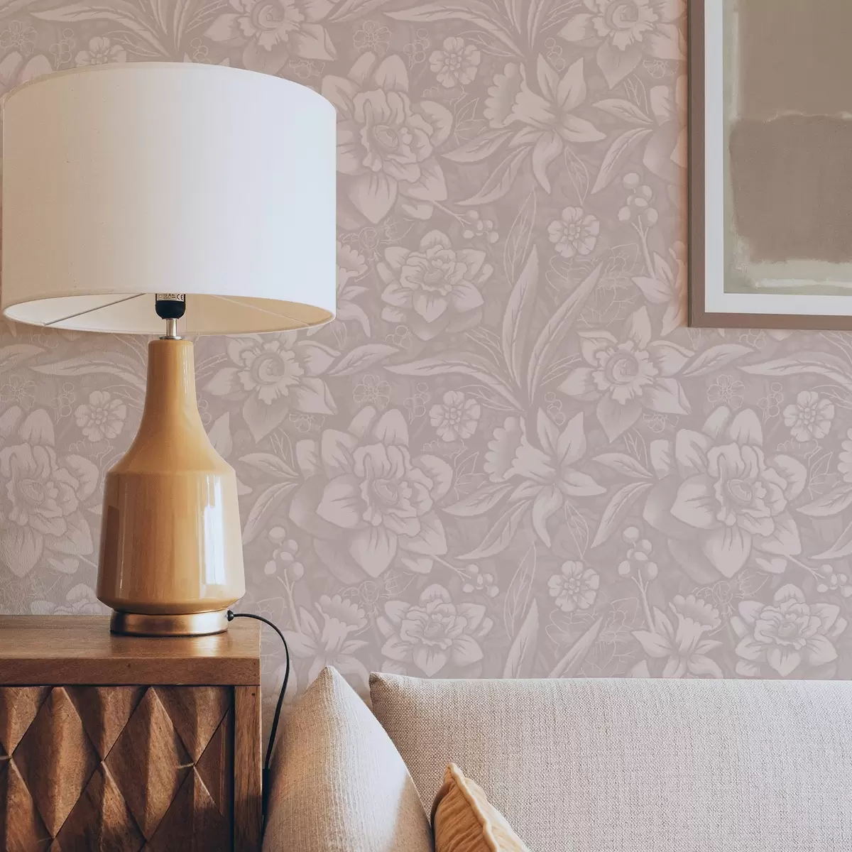 Papel pintado Diseño floral monocromo con narcisos sobre fondo crema a00294