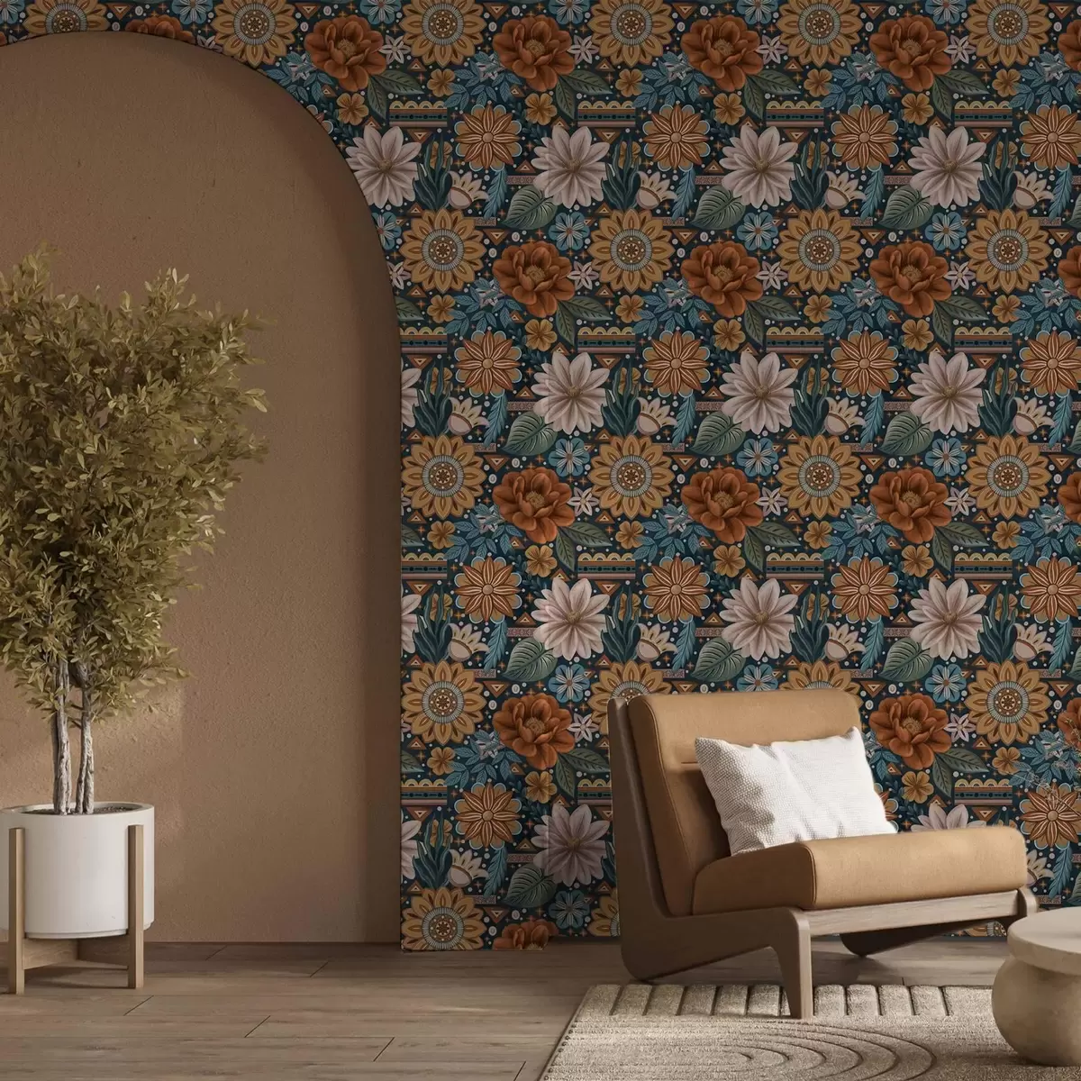 Papel pintado Flores decorativas brillantes con elementos geométricos a00305