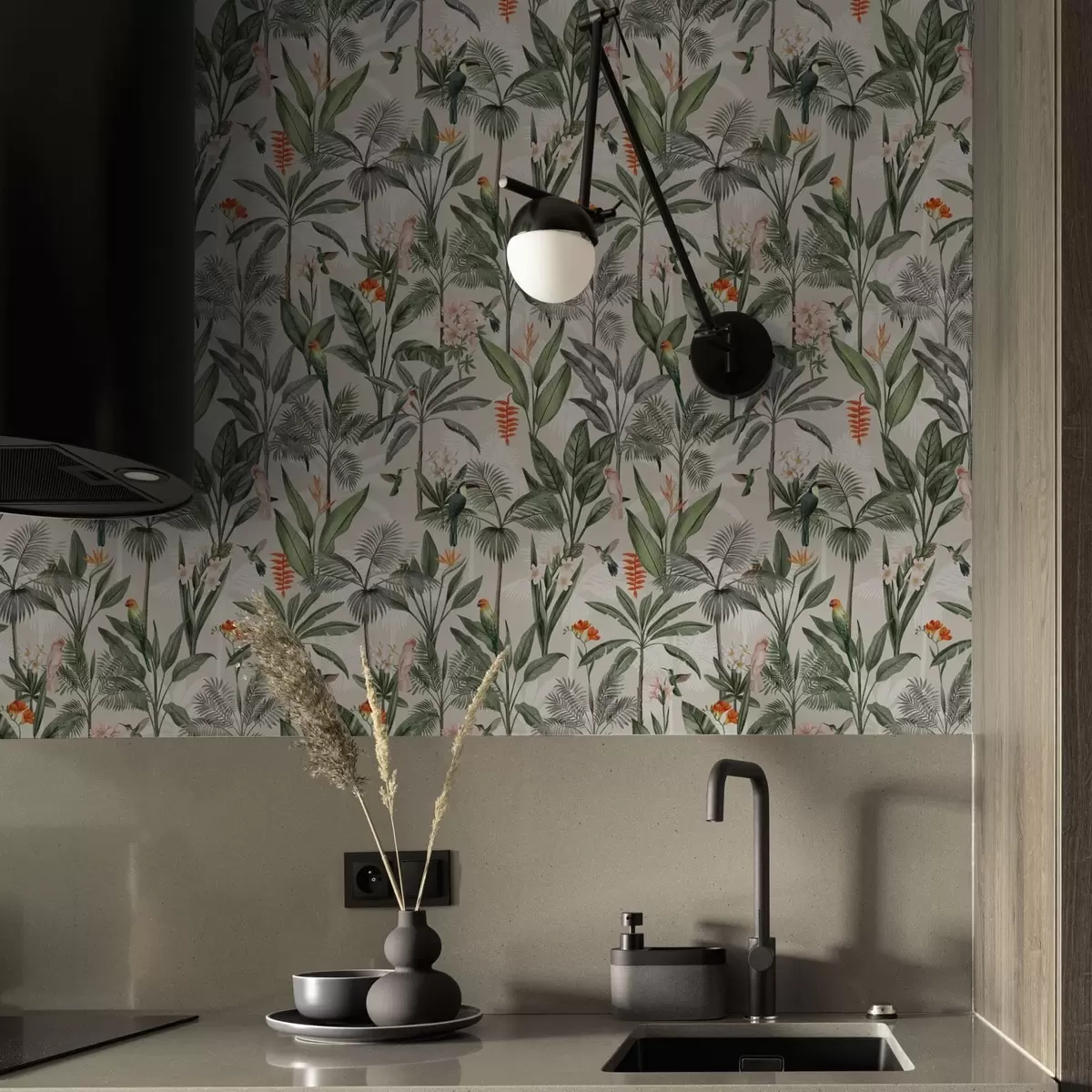 Papel pintado Pájaros tropicales entre palmeras a00308