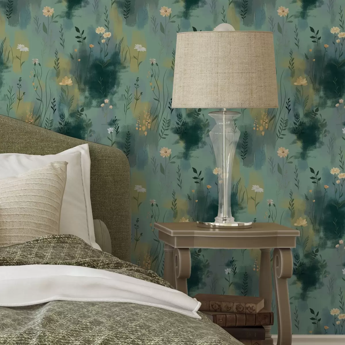 Papel pintado Abstracción acuarela con flores sobre fondo verde a00312