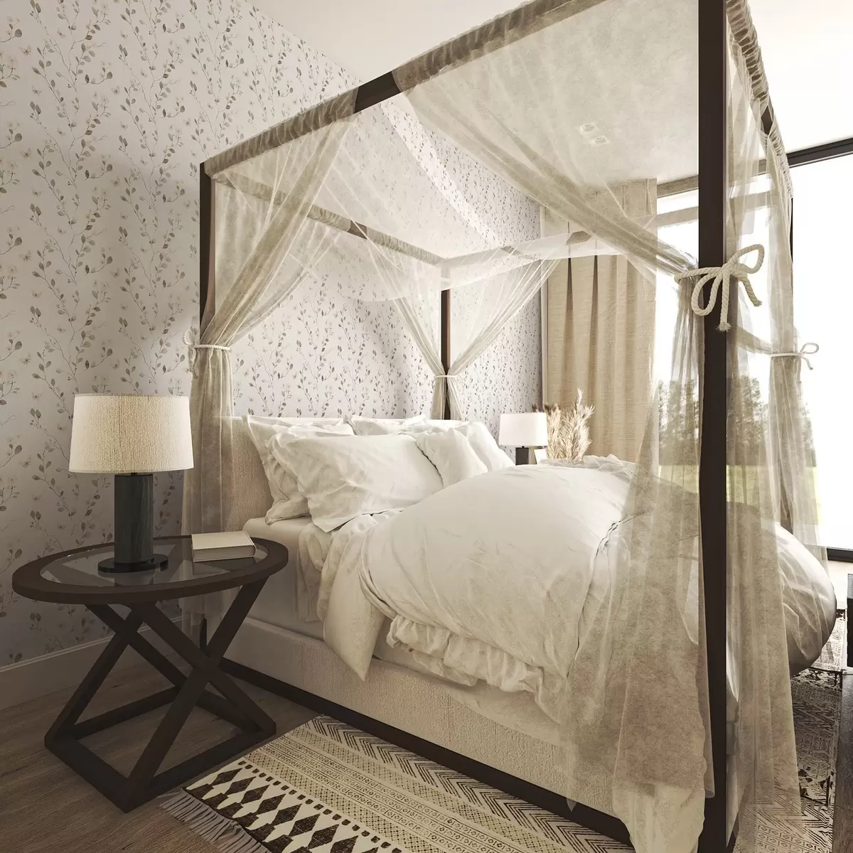 Papel pintado Ramas finas con flores y mariposas sobre fondo blanco a00342