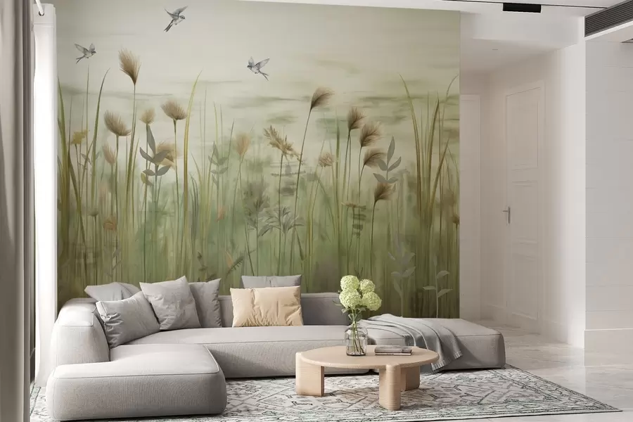 murales de pared Paisaje de hierba con golondrinas en un cielo suave w04258v1