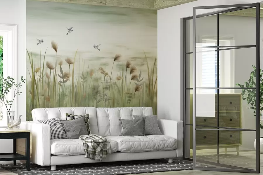 murales de pared Paisaje de hierba con golondrinas en un cielo suave w04258v1