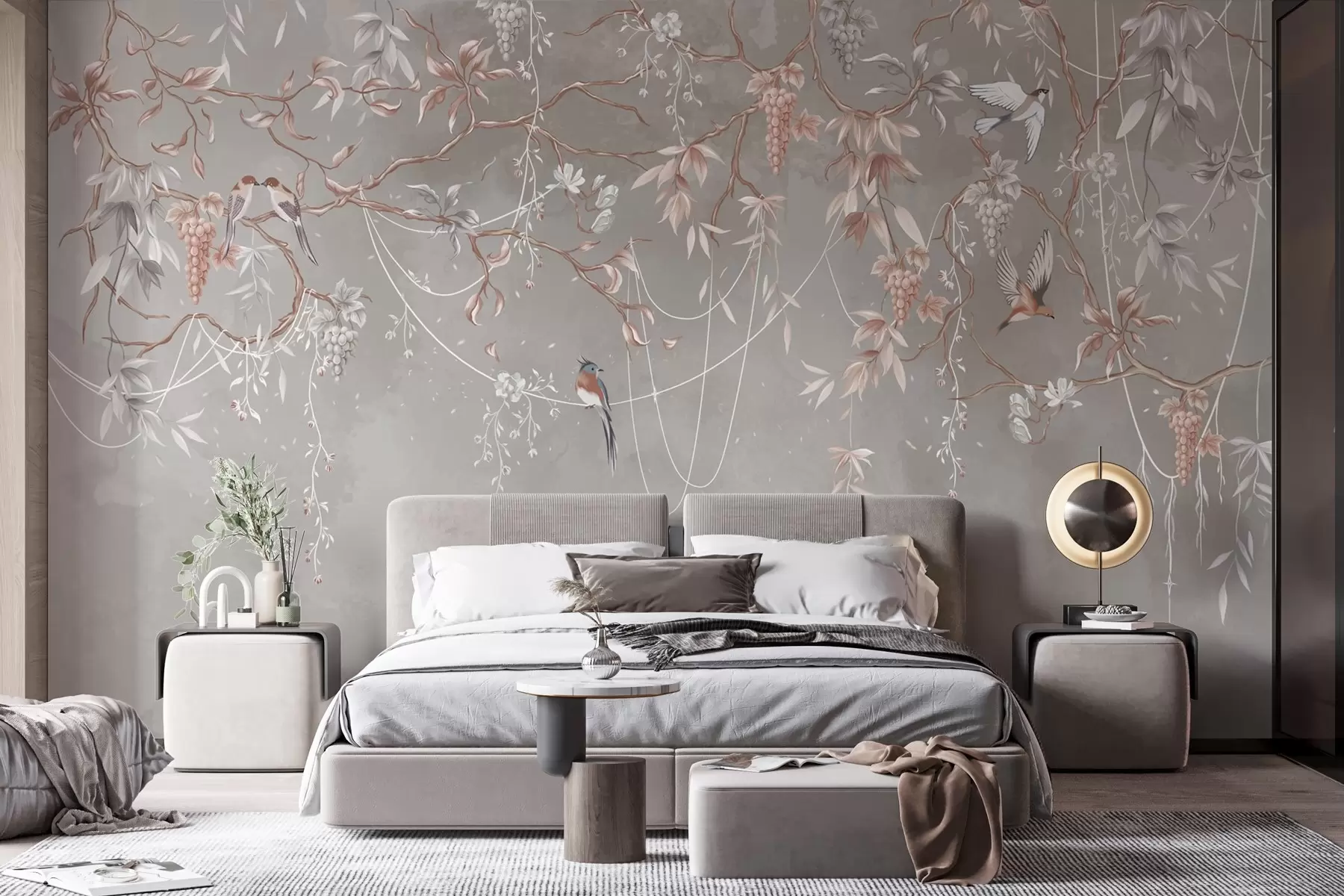 murales de pared Ramas con uvas y pájaros sobre fondo gris rosado cálido w04302