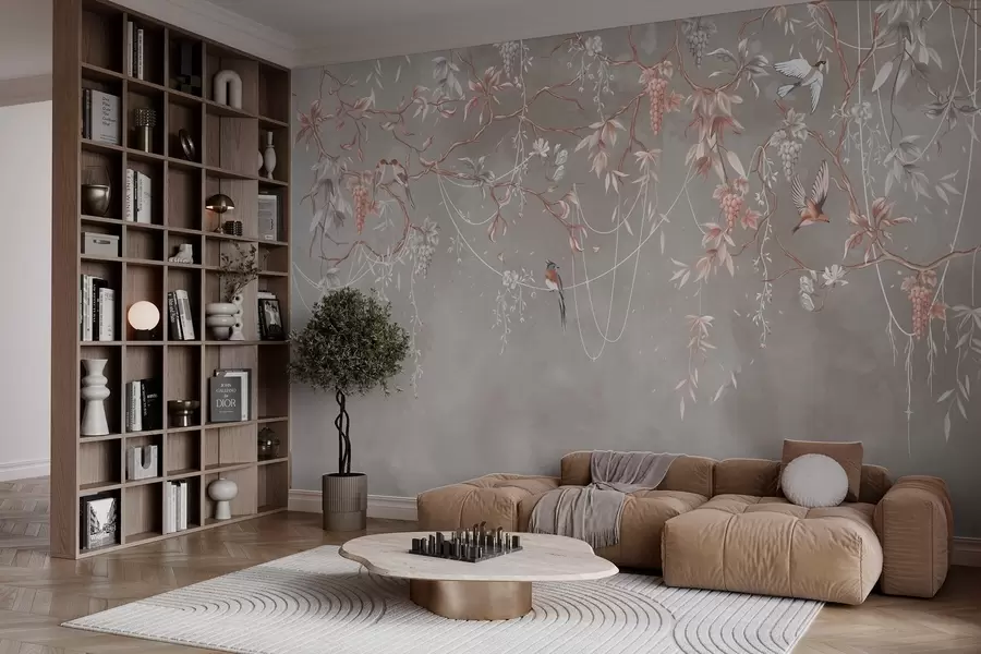 murales de pared Ramas con uvas y pájaros sobre fondo gris rosado cálido w04302