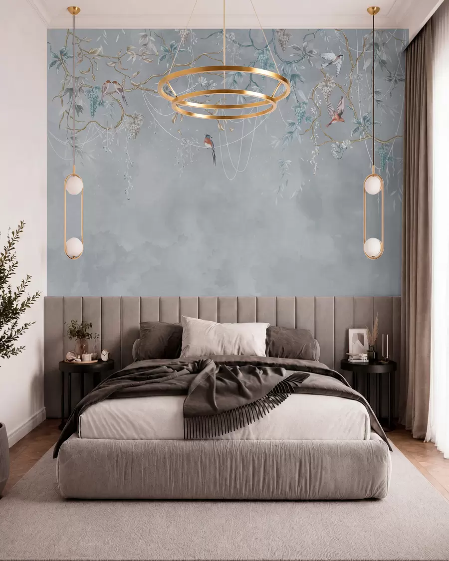 murales de pared Variante fría con fondo azul y ramas finas w04302v3