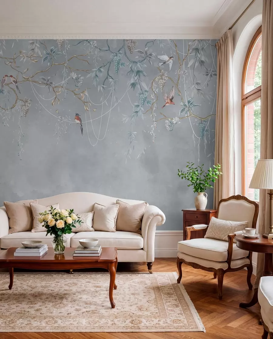 murales de pared Variante fría con fondo azul y ramas finas w04302v3