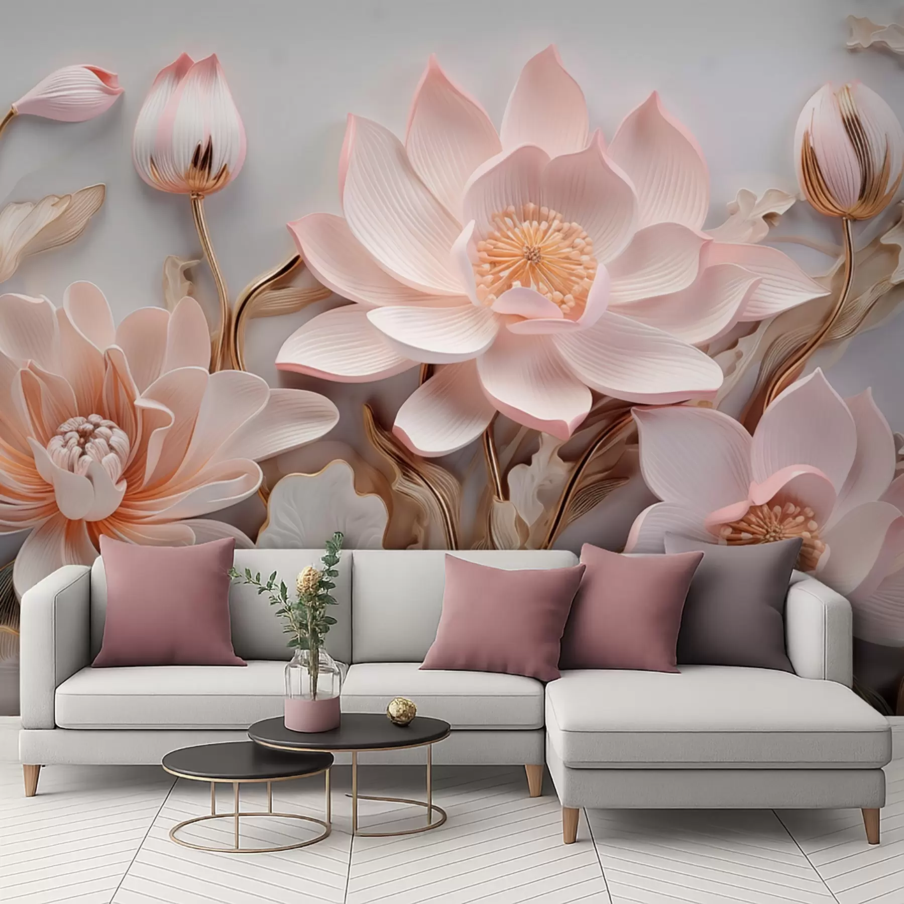 murales de pared Flores voluminosas de color rosa con hojas amarillas w09277