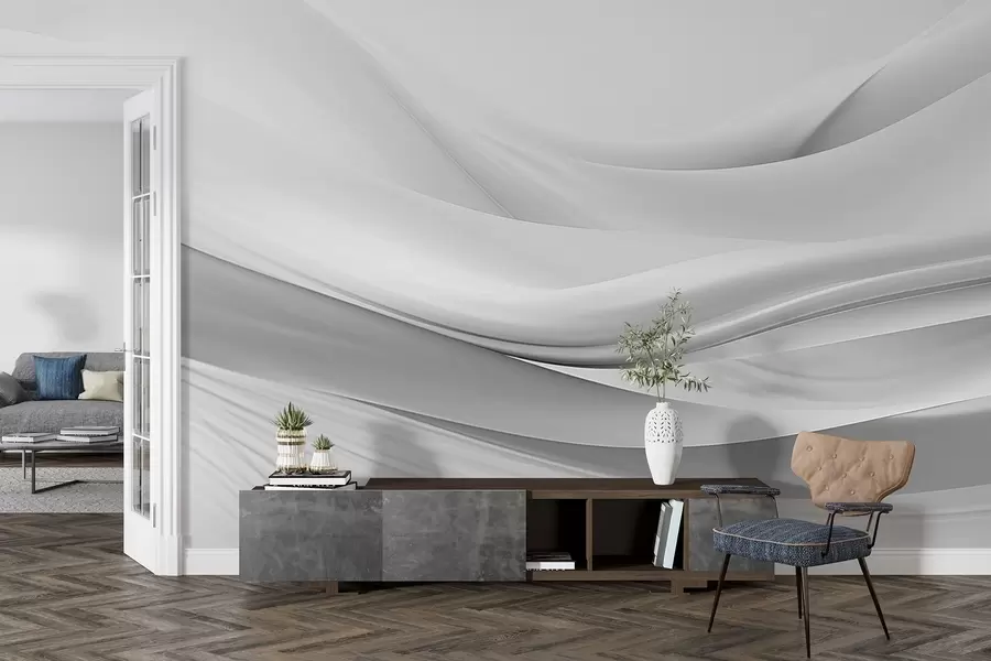 murales de pared Ondas de tela gris en estilo abstracto minimalista w09279v1