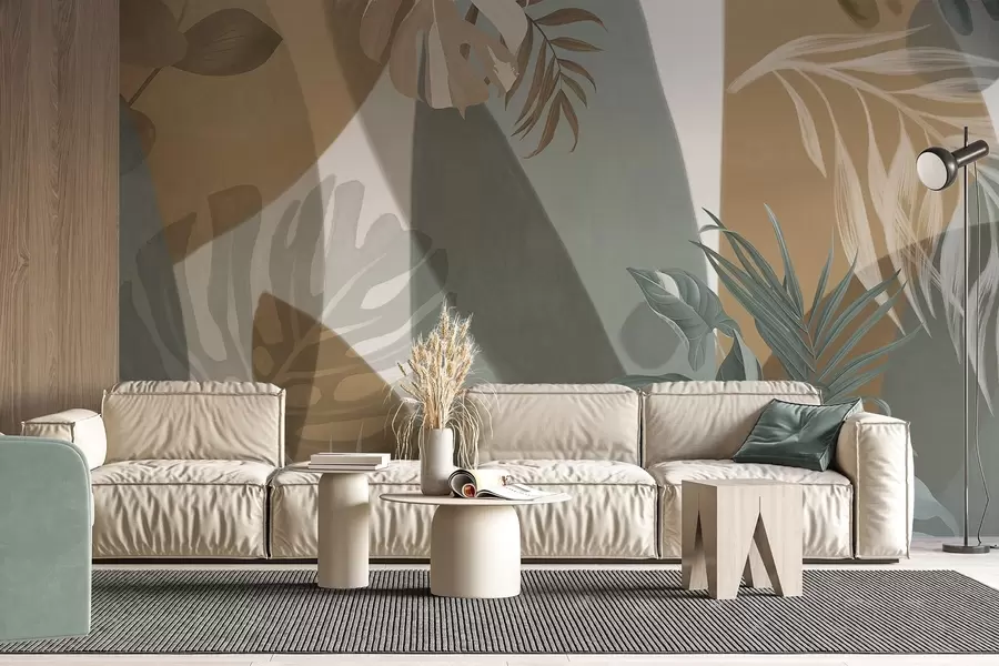 murales de pared Hojas de Monstera y hojas de palma en un patrón con colores marrón, blanco y verde, ambiente tropical, formas abstractas, decorativo w09288